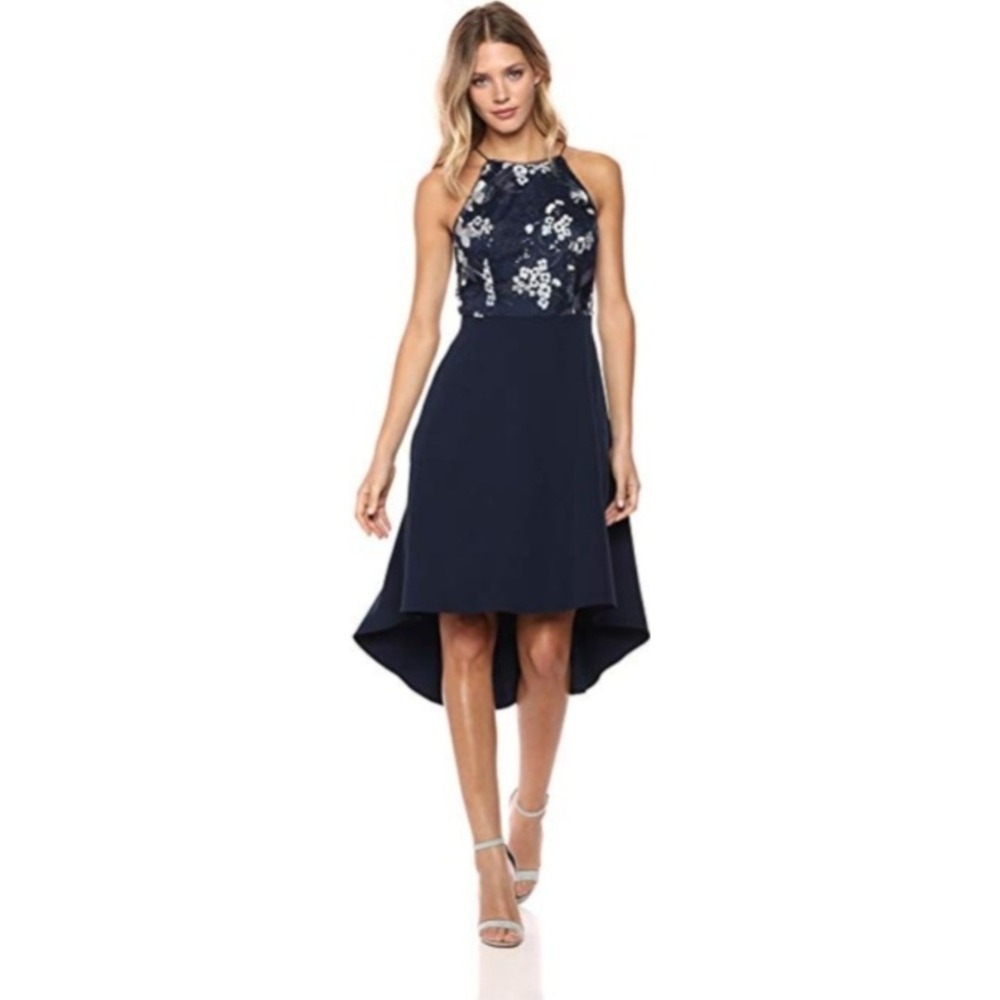 Aidan Mattox Navy Blue Floral Halter Neck Hi-Lo Dress Size 2